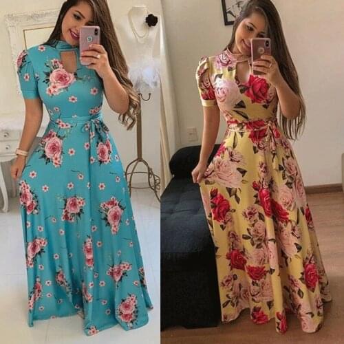 Women Sexy Hollow Out Print Flower Boho Long Dress 2020 Summer Short Sleeve Party Maxi Dress Slim Vestido Belt Plus Size Dresses