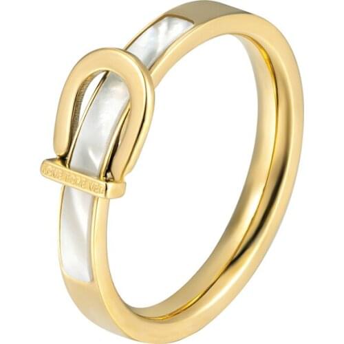 Unique Design Titanium Steel Strap Shape White Shell Ring For Women Love Gift Gold Color Jewelry Wholesale