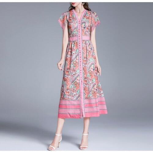 2021 New Vintage V-Neck Short Sleeve Single Breasted Palid Floral Printed Midi Dress For Women Plus Size Large Loose Dress Robe