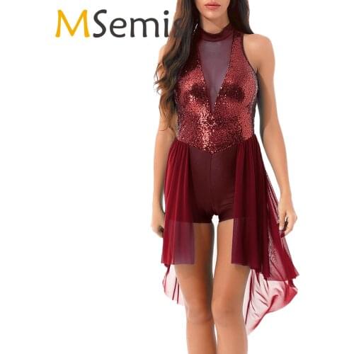 Women Girl Mesh Skirted Ballet Dress Dancewear Sleeveless Sequins Gymnastics Leotard Adult Contemporary Lyrical Dance Costumes