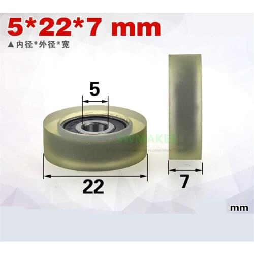 10pcs 5*22*7mm rubber-coated PU polyurethane bearing pulley mute, for Drawer/Cashier/Showcase