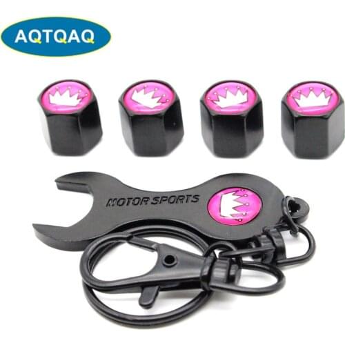 5Pcs/Set Pink Crown Style Anti-theft Emblem Auto Car Wheel Tire Air Valve Caps With Wrench Keychain Zinc Alloy Stem Dust Cover A