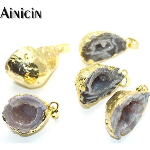 5pcs Natural Drusy Geode Hollow Out Druzy Crystal Pendants Gold Plating Gray Black Color Fashion Women Earring Making Findings
