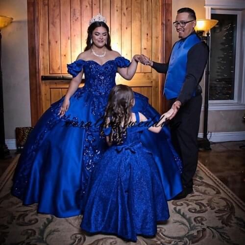 Princess Royal Blue Ball Gown Quinceanera Dresses Off Shoulder Sequins Lace Appliqued Sweet 16 Girls Prom Gowns 2021