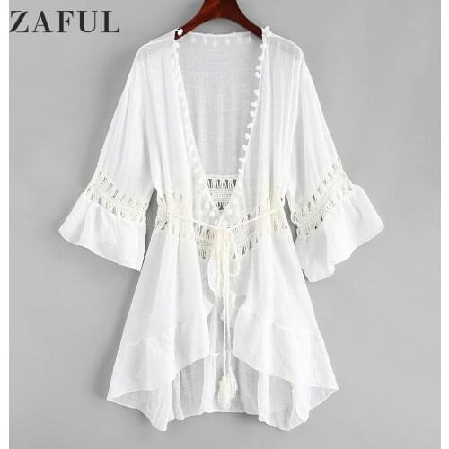 Zaful White Crochet Bikini Cover Up Ruffle Women Sexy V-neck Tunic Beach Dress Robe 2021 Summer Bathing Suit Beachwear