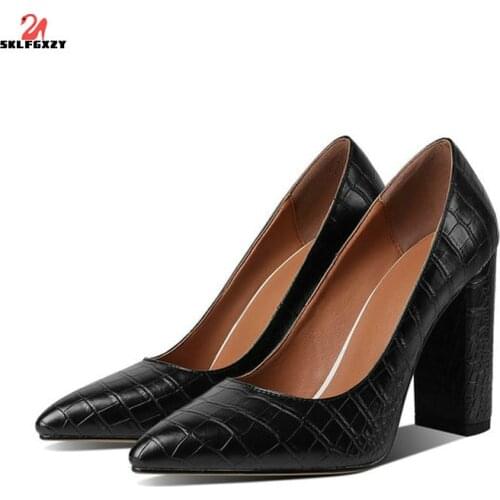 SKLFGXZY Brand New European Style Women Sexy Leather High Heels Pointed Womens Shoes Party Stone Texture Pumps