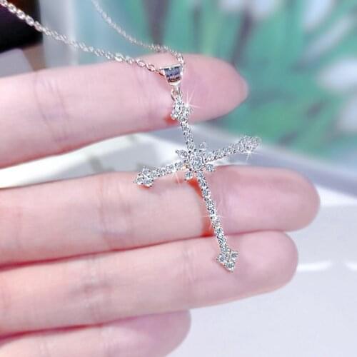 Fashion 925 Sterling Silver Cross Sweater Necklace Chain for Women Shiny Zircon Pendant Choker Short Chain Jewelry 2021