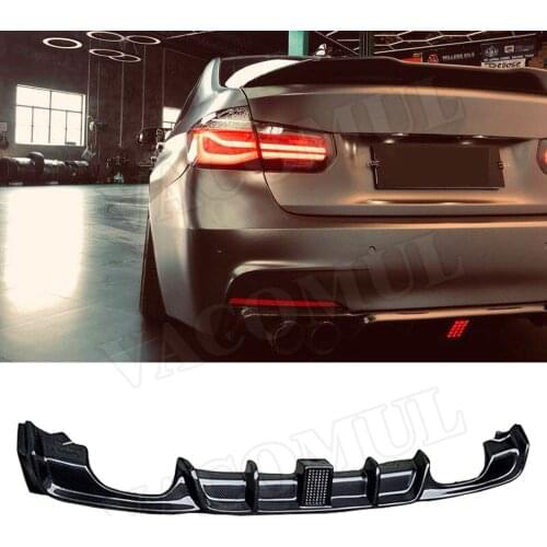 Carbon Fiber Four Outlet Exhaust Guard Rear Bumper Lip Diffuser With LED Light For BMW F30 F35 320i 328i 335i M Sport 2012-2018