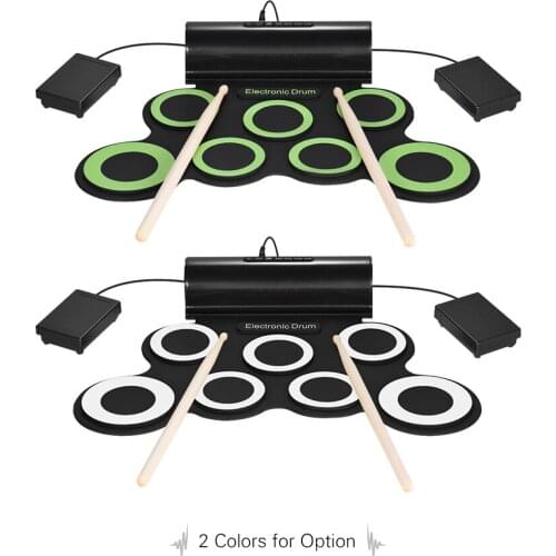 Digital Mono Electronic Drum Set 7 Silicon Pads Built-in Speaker USB Powered with Drumsticks Foot Pedals 3.5mm Audio Cable f