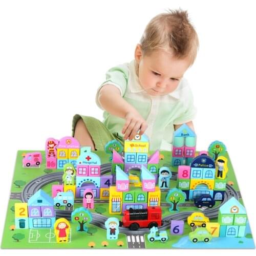 Electric train track wooden building blocks alphanumeric cognitive color boxed early childhood education stacked building blocks