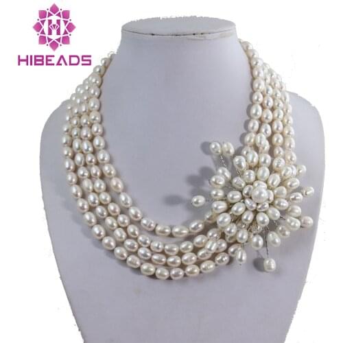 Elegant 4 Strands Brilliant Pearl Necklace Handmade White Rice Pearl Strand Jewelry Exquisite Flower Pearl Jewelry FP046