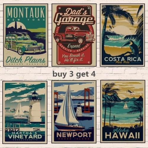 HAWAII/ ARUBA/ BROOKLYN/SAN FRANCISCO Travel Poster Retro Painting DIY Wall Vintage Paper Posters Home Gift Decoration 1001