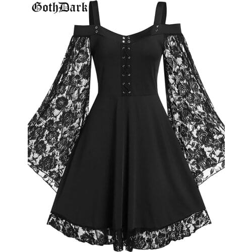 Goth Dark Gothic Aesthetic Vintage Women Autumn Dresses Grunge Lace Patchwork Flare Sleeve Black A-line Dress Punk Partywear