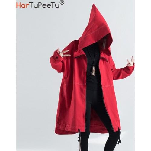 Jeans Jacket Women Oversize Denim Cape Coat 2020 Autumn Black Red Hip Hop Hooded Outwear Drawstring Hem Zipper Loose Casual