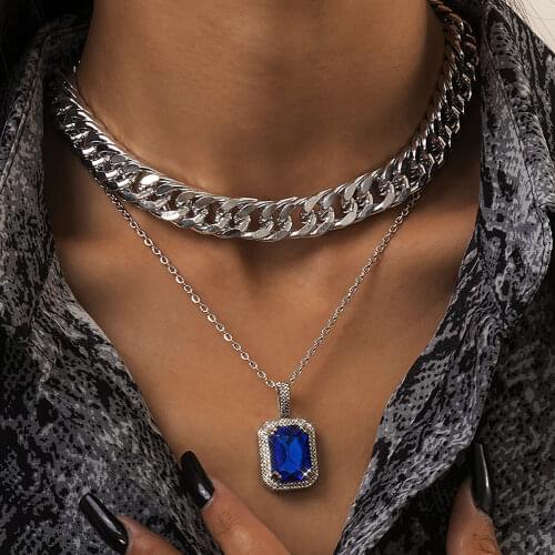 Fashion Multilevel Chains New Square Blue Crystal Pendant Necklaces For Women Female Gold Silver Color Thick Dense Chain Jewelry