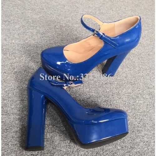 Fashion Blue Patent Leather Platform Pumps Lady New Ankle Buckle Chunky Heel Dress Shoes Woman Real Photos High Heels Dropship
