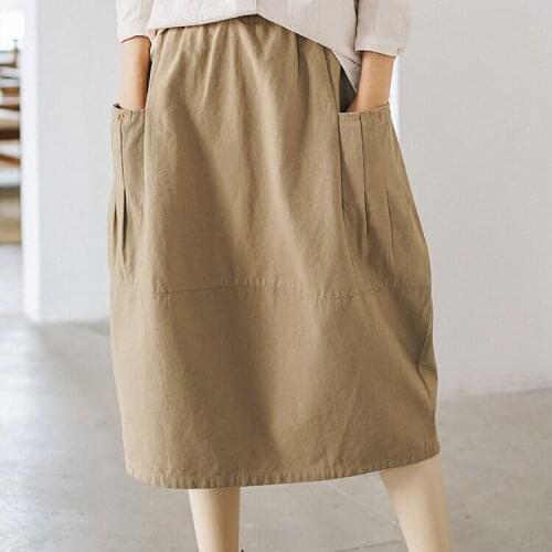 2020 New High Summer Cotton Midi Length Saia Elastic Waist Women A-Line Skirt With Pocket Faldas Jupe Femme