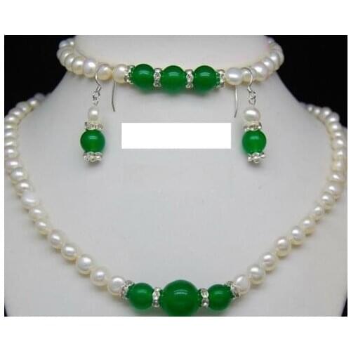 Details about Natural 7-8mm White Pearl & Green Jade Gems Necklace Bracelet Earring Set 18"7.5