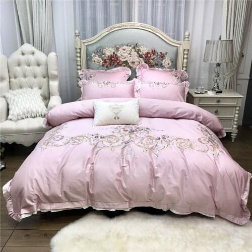Luxury 100S Egyptian Cotton Embroidered Bedding set Queen King Princess Duvet cover Bed sheet set Pillowcase 4/6pcs Pink Golden