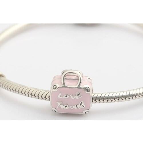 Pink Enamel Suitcase Bead Charm Authentic S925 Silver for Women Bracelet Bangle DIY Jewelry