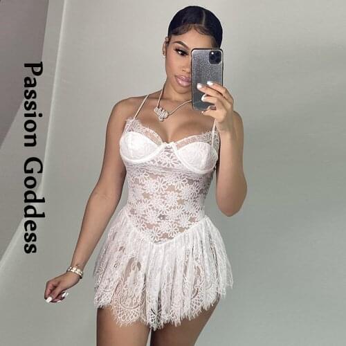 Sexy Women Lace Crochet Bodysuits Slim Rompers Transparent Lace Ruffles Jumpsuits Lady Longue Overalls Party Club Strap Bodysuit