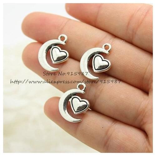 Sweet Bell 50pcs/lot 14*18mm Antique Lovely Mini moon Hearts Charm Pendant Jewelry Findings Metal Materials 2C208