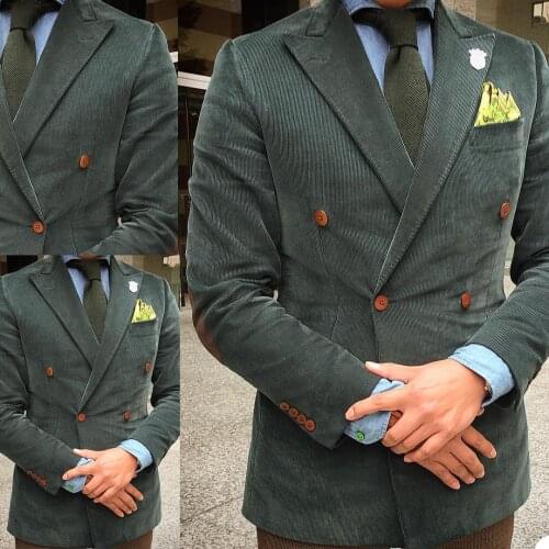 Corduroy High Quality Men Tuxedos Double Breasted Smart Casual Peaked Lapel Blazer Handsome Business Party Prom Coat