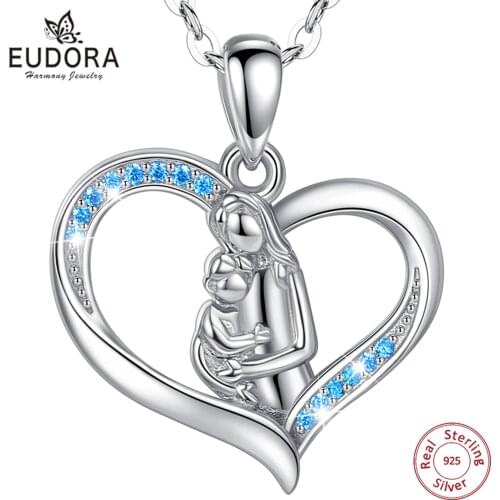 Eudora 925 sterling silve 2021 Mother and Baby Heart Blue CZ Pendant Necklace Jewelry Friends Birthday Mother Days Gift Box D664