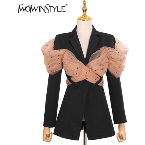 TWOTWINSTYLE Casual Hollow Out Blazer For Women Notched Long Sleeve Patchwork Mesh Hit Color Blazers Female Fashion New 2021