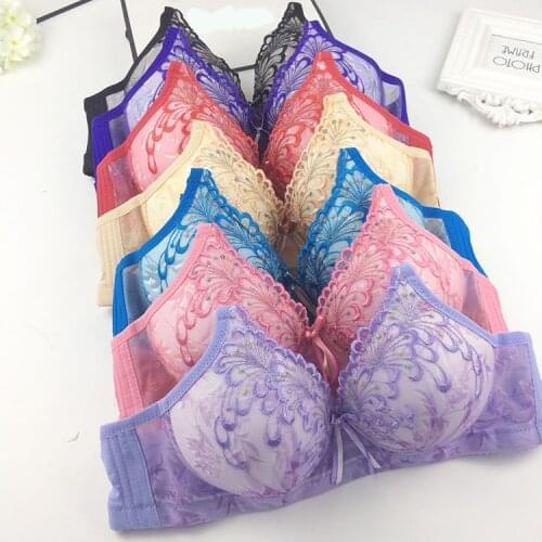 Women bra solid cotton Padded Bralette wire free Full lace embroidery Sheer Supportive lace Top small Size 30-42 A B Cup bh C14