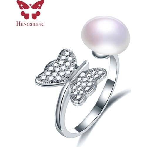 Butterfly Design Pure Solid 925 Sterling Silver Ring For Women, White Natural Freshwater Open Rings Party Wedding Jewelry Gift