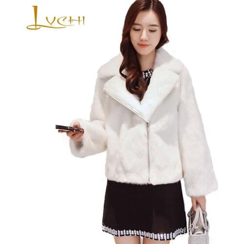 LVCHI Winter 2019 Mink Fur Coat Womens Fashion Motorcycle Models Long Sleeve White V-Neck Short Slim Cool Lady Mink Fur Coats
