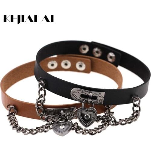2017 New Fashion Chain Heart-Shaped Lock Punk Style Leather Collar Neck Lock Necklace For Women Or Girl As Gift KJL080