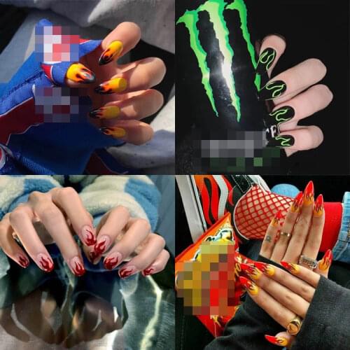 24pcs 4 Fire Patterns Design Cool Girls Hand Decorative False Nails With Glue Full Cover Detachable False Nails With Designs