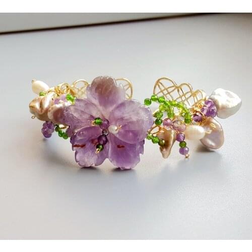 Lii Ji Genuine Amethysts Diopside Freshwater Pearl Bracelet Handmade Jewelry Open Bangle For Women Gift Drop Shipping