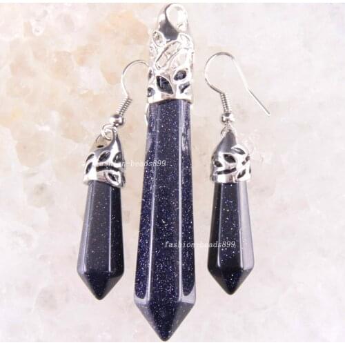 Hexagonal Column Beads Pendant Earrings Natural Stone Blue Sandstone Necklace Pendant Earrings Jewelry Set For Women Gift K1662