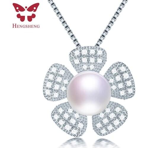 HENGSHENG Trendy Jewelry 925 Sterling Silver Zircon Flower Pendant Natural Freshwater Pearl Pendant Necklace Gift For Friend