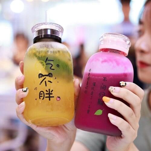 Kawaii Glass Water Bottle With Straw and lid Cartoon Frosted Leakproof Drinkware Bottle Portable Camping My Bottle Children Kids