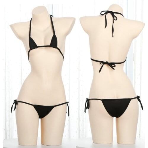 Sex Shop Three Point Mini Cup Micro Bikini Extreme Women Sexy Erotic Lingerie Halter Neck Black Bra Top Strap Underwear Set
