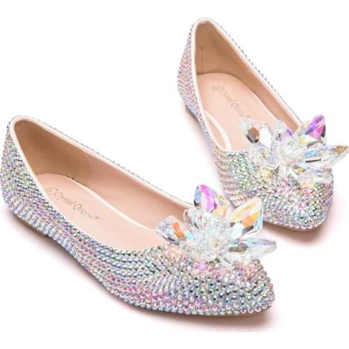 Crystal Queen Luxury Crystal Rhinestone Ballet Flats Pointed Toe Plus Size Bridal Wedding Shoes White Wedding dress Flat Shoes