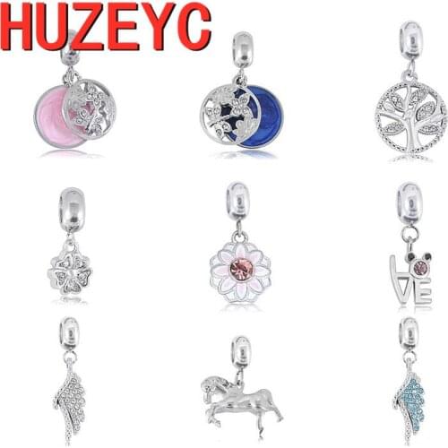 2pcs HOT SALE Sparkling Family Tree Wing Horse Dangle Charm Beads Fit Original Pandora Bracelet Women Pendant Necklace Jewelry