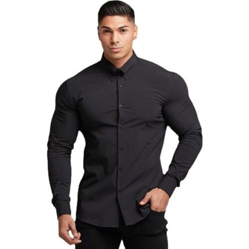 Spring Autumn Fashion Full Sleeve Shirt Men Solid Casual Slim Fit Social Business Dress Shirt Mens Gym Fitness Sports Clothing