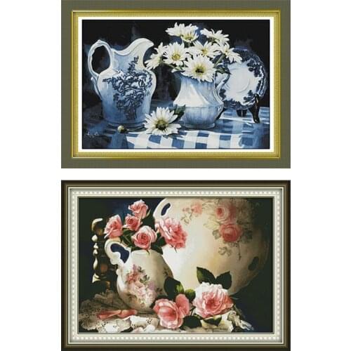 Charm of Porcelain Counted Cross Stitch Kits Flowers Patterns 14CT Printed Paintings DIY Handmade Cross Stitch Embroidery Kits