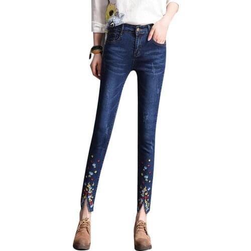 2021 New Spring Fall Embroidered Flower Jeans Woman Nine-Point Pants Irregular Trousers Raw Edge Stretch Pants Slim Jeans Women