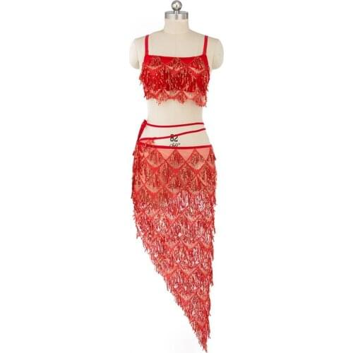 New Arrivals Women Dance Wear Oriental Style Belly Dance Sequins Costume Set Bra & Hip Scarf Fringes