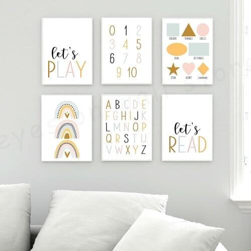 Modern Number and Alphate Chart Rainbow Nursery Girls Canvas Paintings Poster Print Wall Art Picture for Kids Bedroom Home Decor