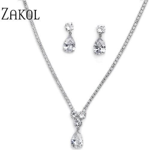 ZAKOL New Design Luxury AAA Water Drop Zirconia Necklace Earrings Set For Women High Quality Wedding Party Dress Jewelry FSSP461