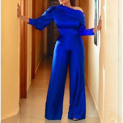 Women Jumpsuits Skew Neck Long Sleeves High Waist Rompers Elegant Loose Overalls Spring Summer Plus Size Long Jumpsuits For Lady