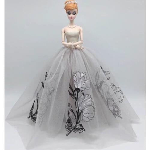 11.5" Doll Outfits Gray Floral Wedding Dress for Barbie Clothes Princess Party Gown for Barbie Dolls Accessories Kids Toys 1/6