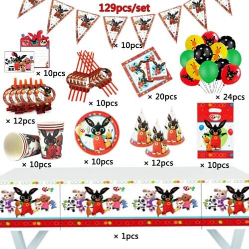 129pcs Red Rabbit Bithday Decorations Balloons Supplies Kids Favors Rabbit Theme Paper Cup Plate Flags Straws Bags Tableware Set